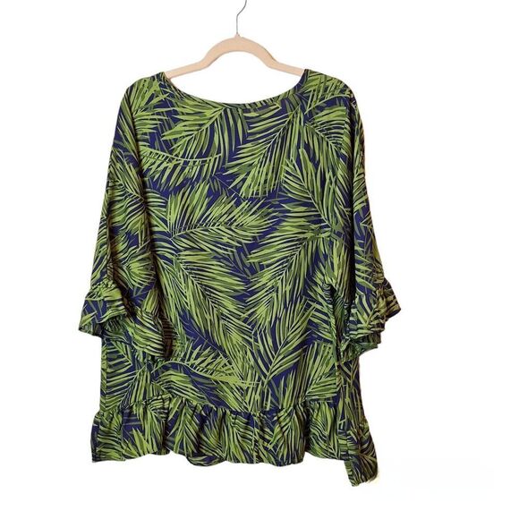 Bonworth Womens Pullover Top Size L Green Blue Palm Leaf Ruffle Sleeve and Hem - Picture 2 of 12